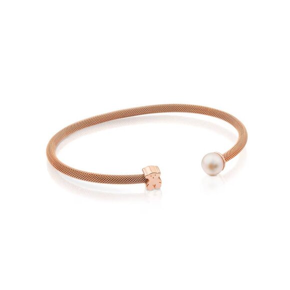 Tous Steel and Rose Vermeil Silver Icon Mesh Bracelet with 6,5mm Pearl - Picture 1 of 3